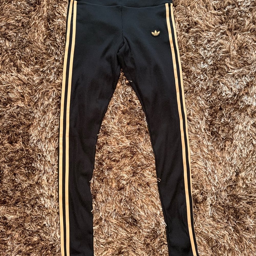 Adidas Black Leggings with Gold Stripes